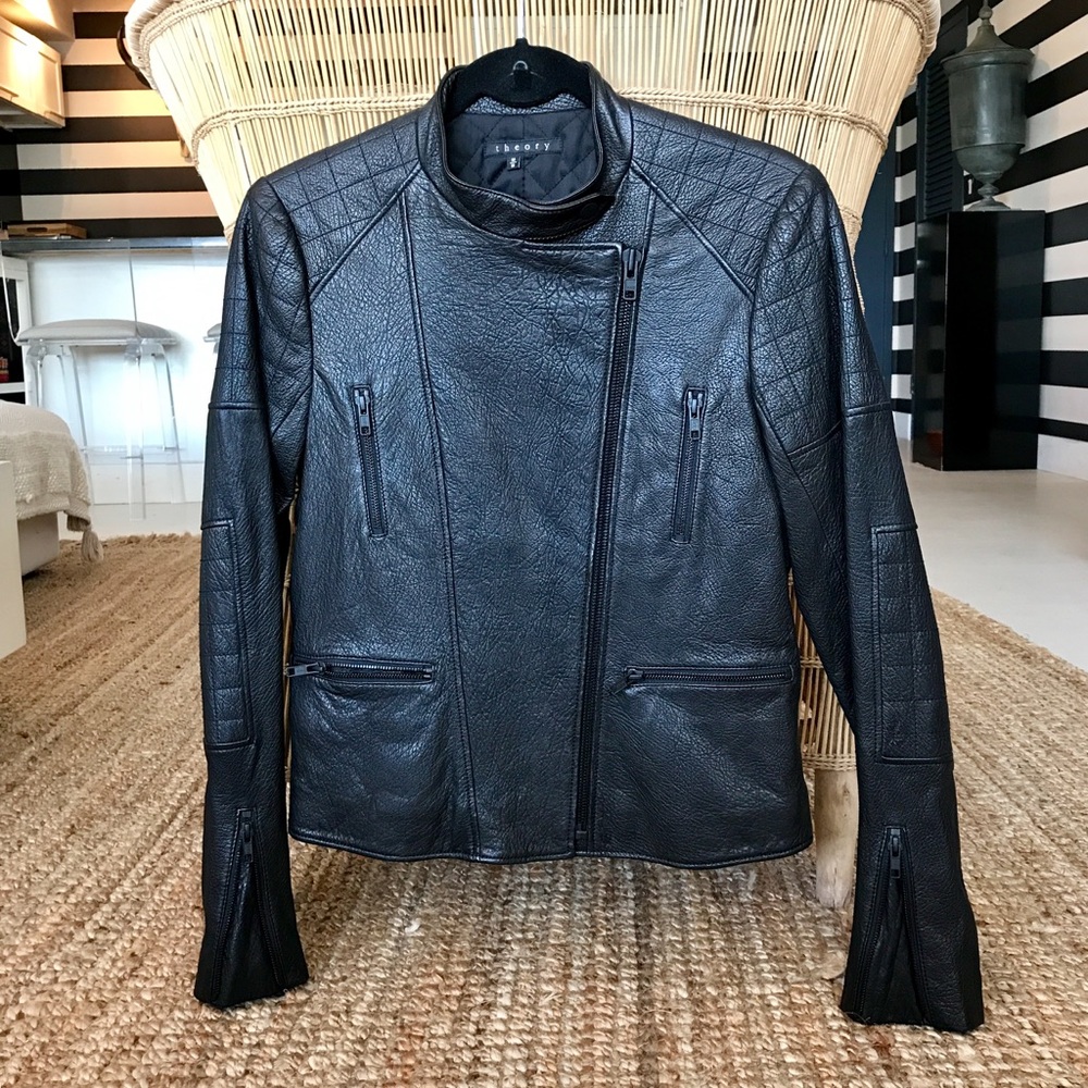 Theory Black Leather Clean Moto Jacket